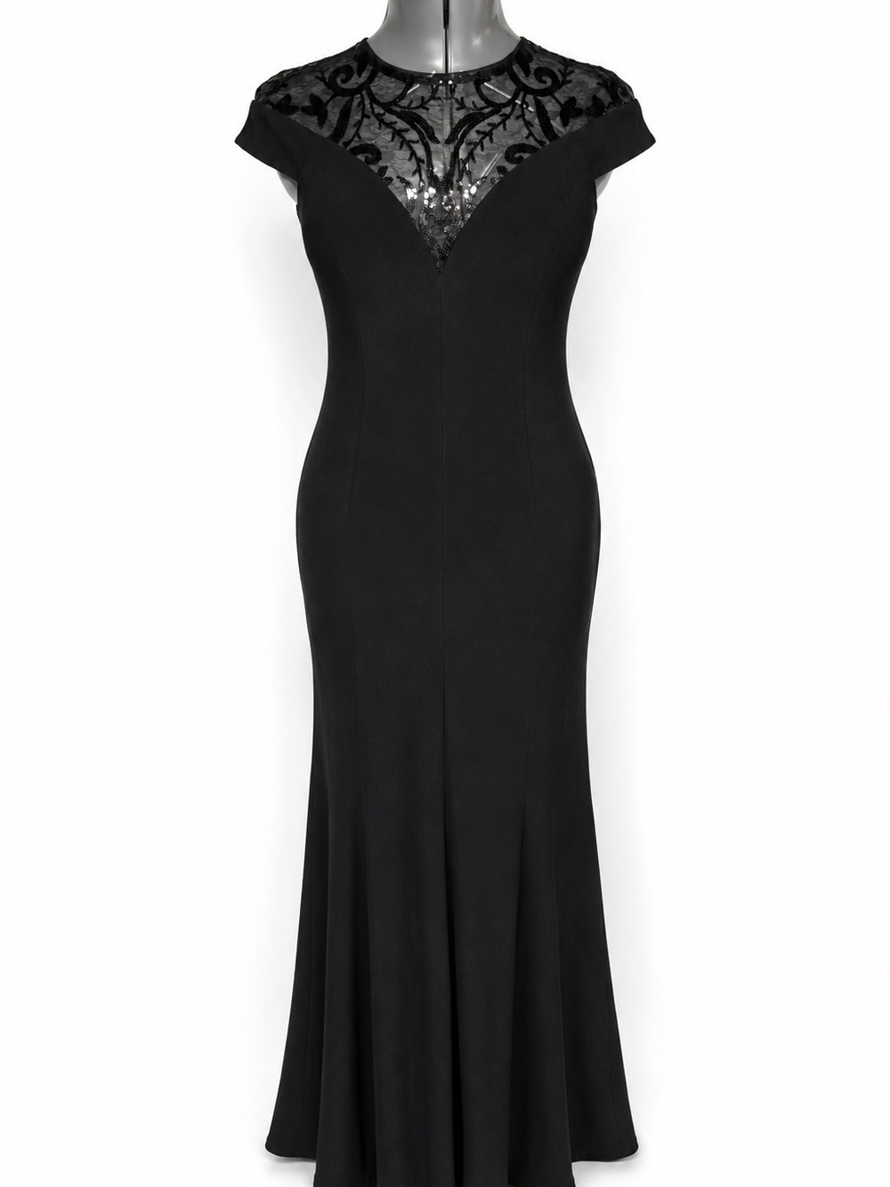Adrianna Papell Black Sequined Illusion Yoke Maxi Dress